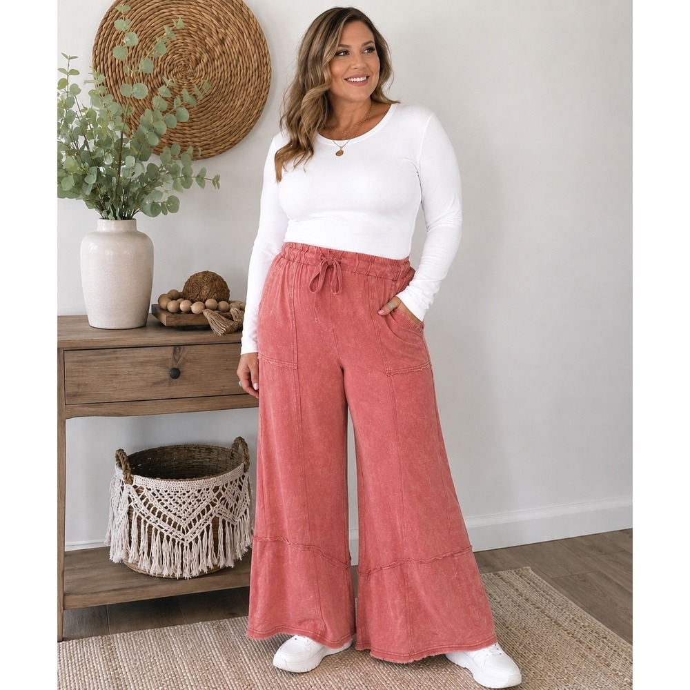 Zenana Dusty Rose Mineral Wash Wide Leg Cotton Pants Women's Large